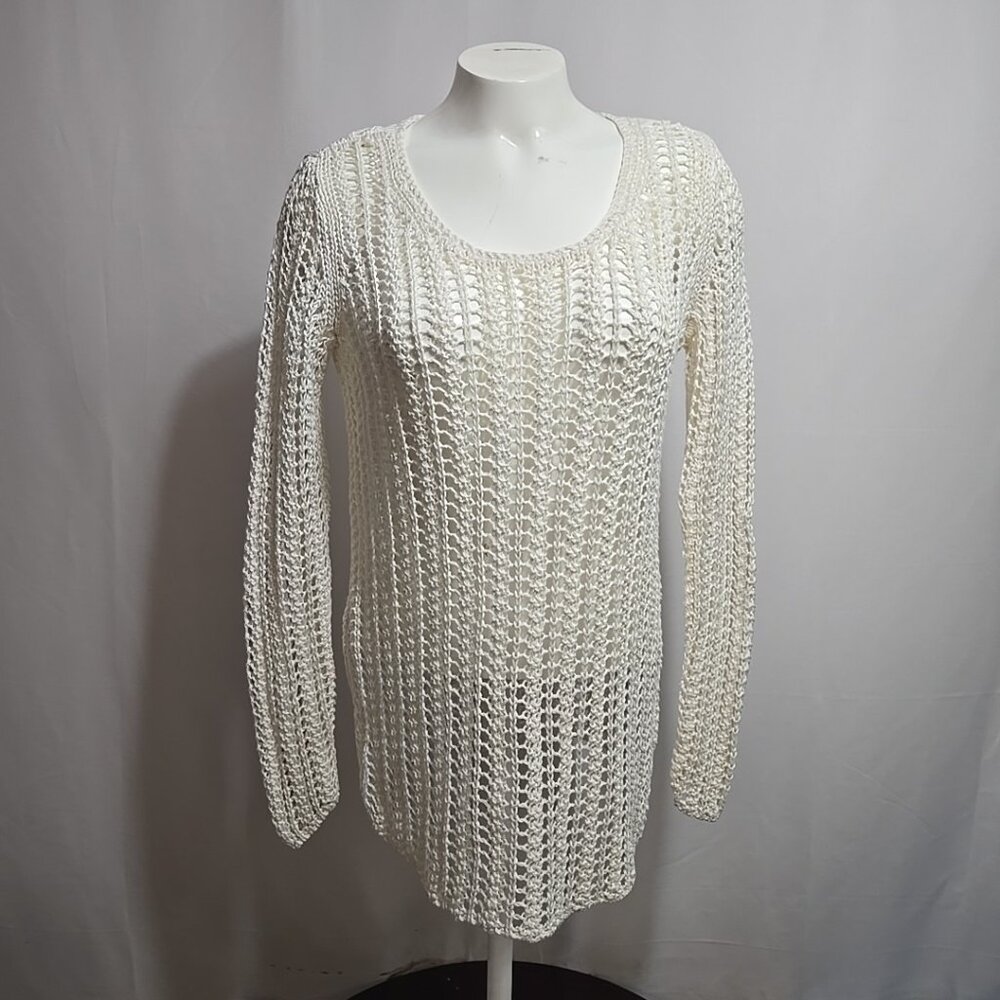 J Jill Open Knit Net Sweater Womens Petite Small 100% Linen White Beach Coverup